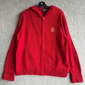 Lauren Ralph Lauren Red Full Zip Knit Hoodie Cotton Crest Sweater Mens XL